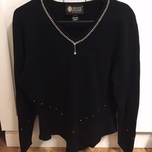 Christine Alexander Black Sweater V-Neck w/Rhinestone Necklace Size Medium